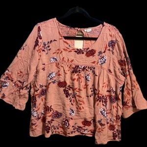 Women’s Floral Peasant Top Blouse Size 1X Boho Tunic Pink Peach Red P